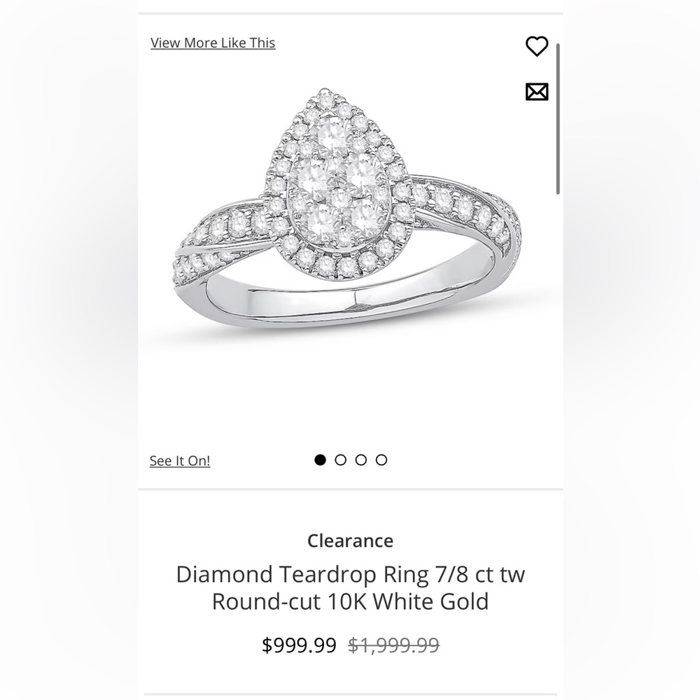 Diamond Teardrop Ring 7/8 ct tw Round-cut 10K White Gold
